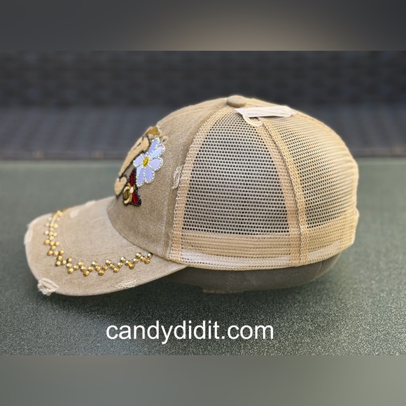 Beautiful Handmade Distressed Tan Crystal Embellished LV Collage Ball Cap main image 5